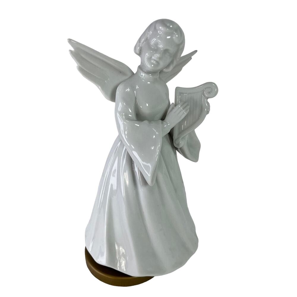 Musical Angel With Harp Porcelain Silent Night Music Box 8" Berman & Anderson